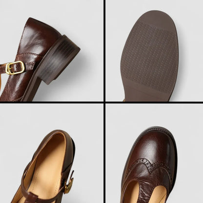 Women's leather Mary-Jane shoes with T-strap buckle and brogue detail