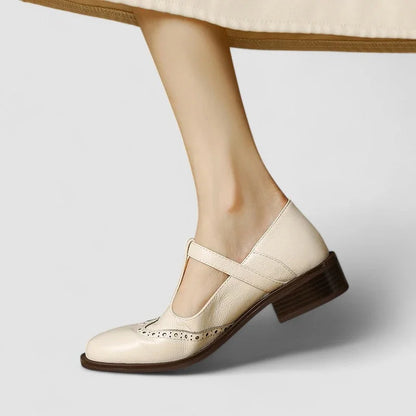 Women's leather Mary-Jane shoes with T-strap buckle and brogue detail