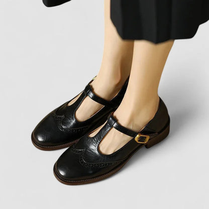 Women's leather Mary-Jane shoes with T-strap buckle and brogue detail – Black