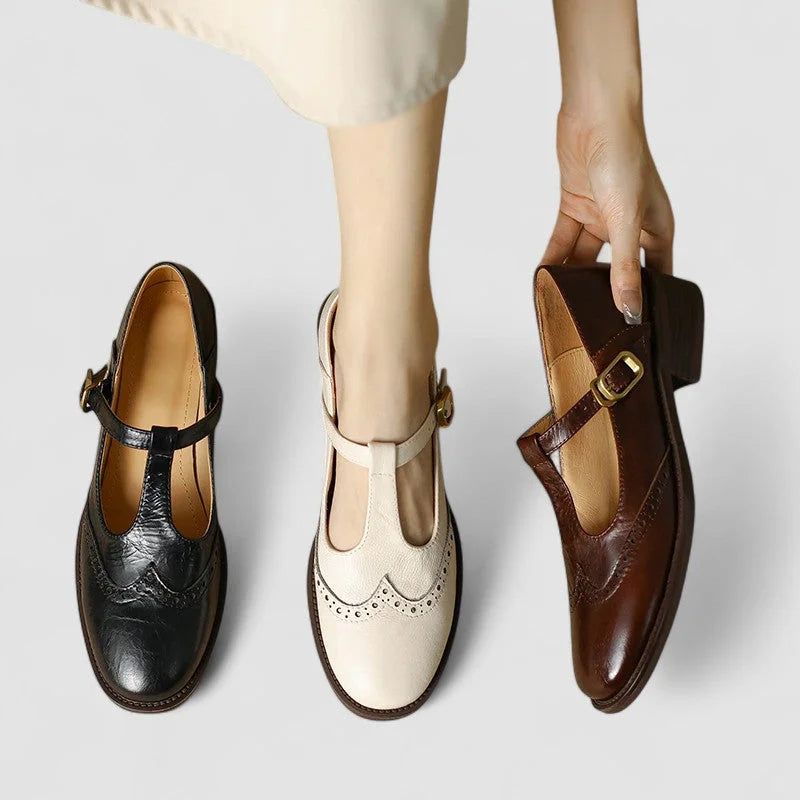 Women's leather Mary-Jane shoes with T-strap buckle and brogue detail