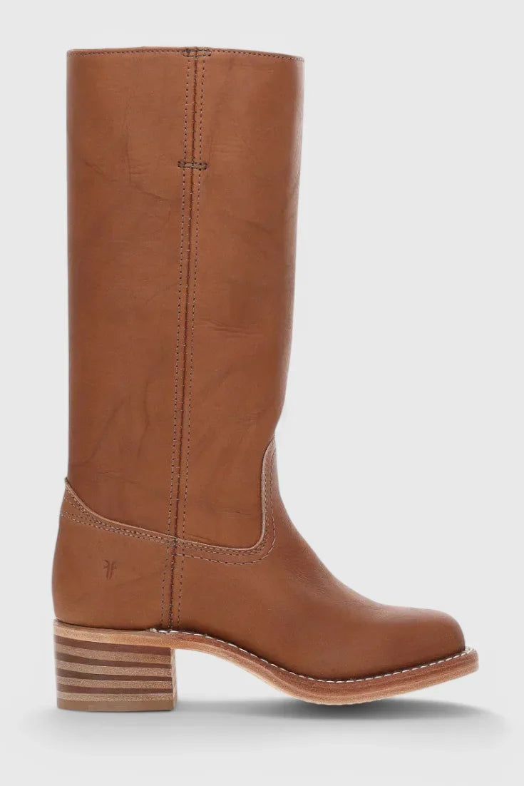 Women's leather mid-calf western-style boots with stacked-block heel