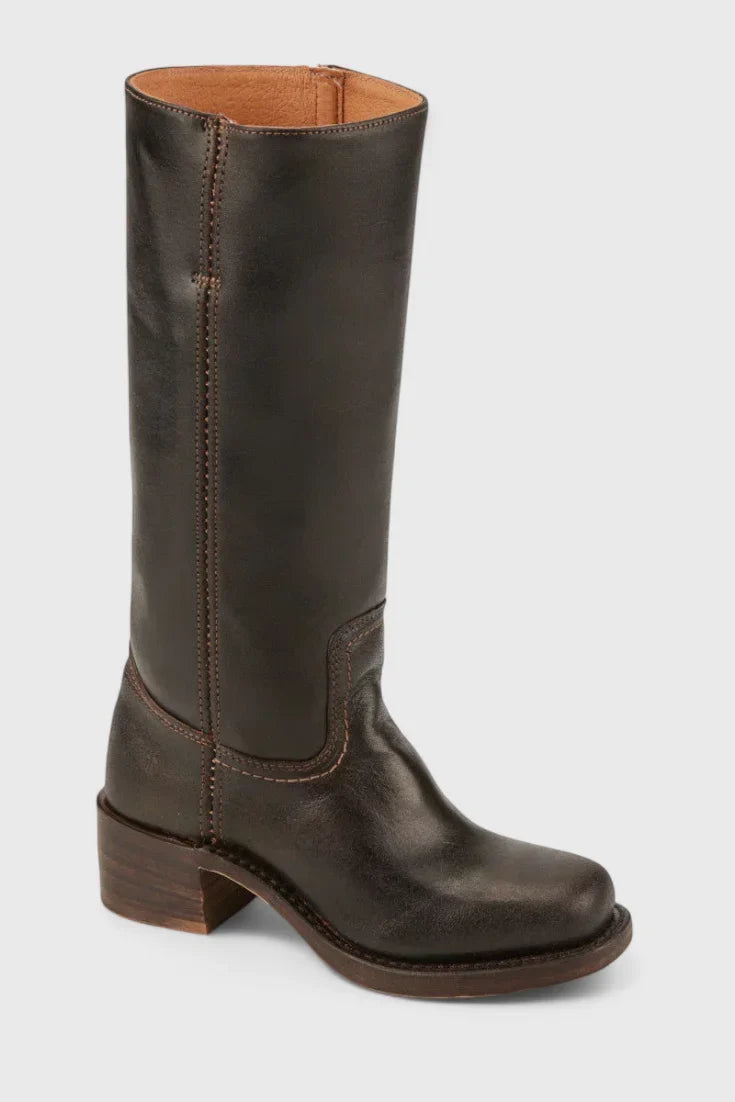 Women's leather mid-calf western-style boots with stacked-block heel