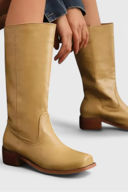 Women's leather mid-calf western-style boots with stacked-block heel
