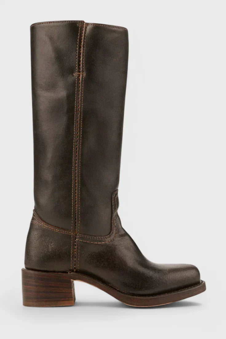 Women's leather mid-calf western-style boots with stacked-block heel