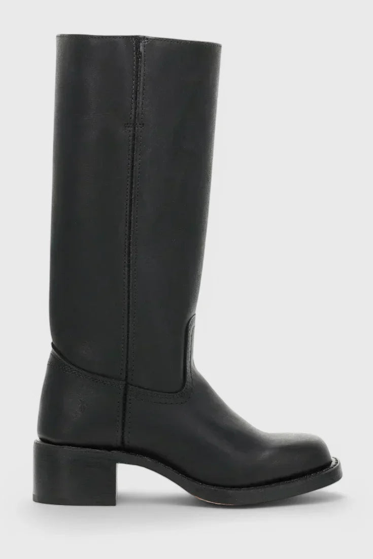 Women's leather mid-calf western-style boots with stacked-block heel
