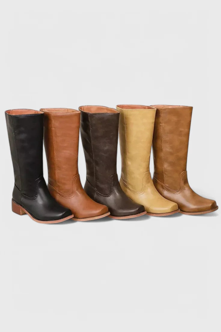 Women's leather mid-calf western-style boots with stacked-block heel