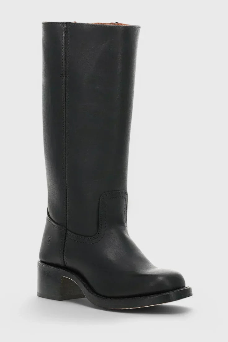Women's leather mid-calf western-style boots with stacked-block heel