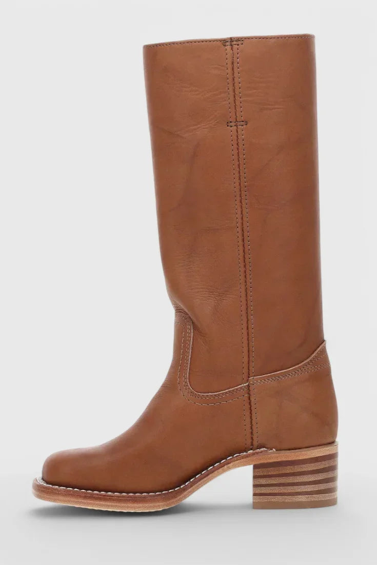 Women's leather mid-calf western-style boots with stacked-block heel