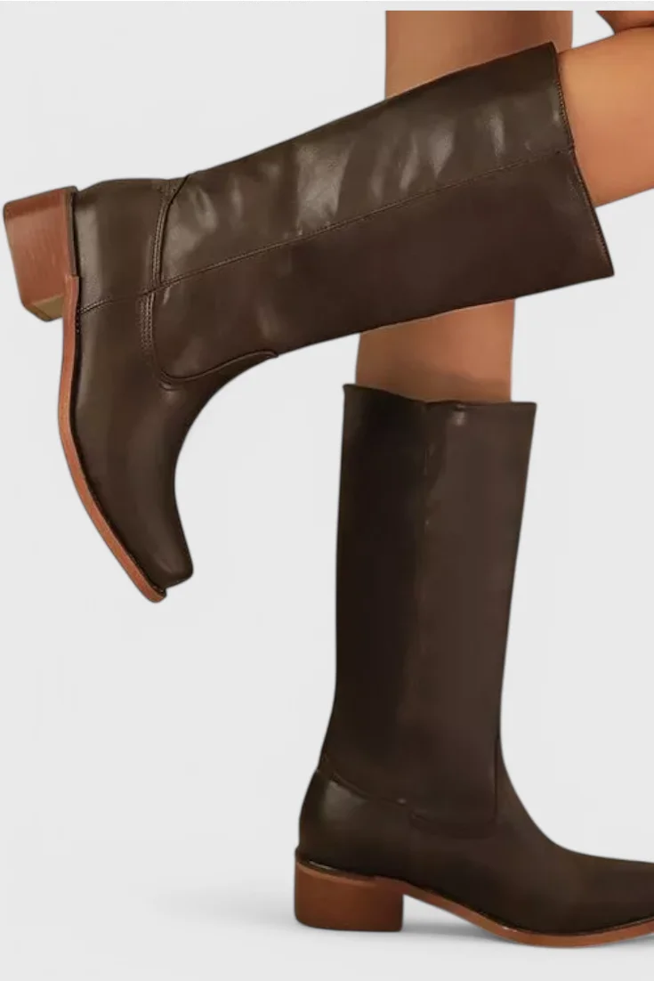 Women's leather mid-calf western-style boots with stacked-block heel