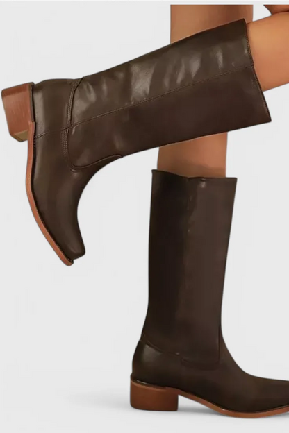 Women's leather mid-calf western-style boots with stacked-block heel