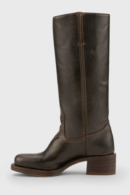 Women's leather mid-calf western-style boots with stacked-block heel