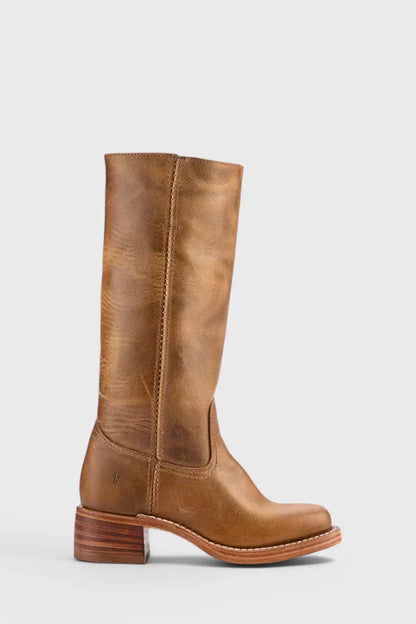 Women's leather mid-calf western-style boots with stacked-block heel