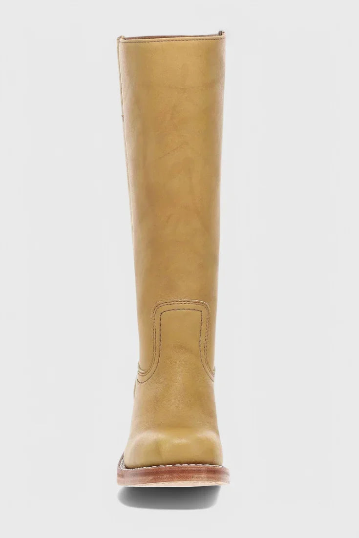 Women's leather mid-calf western-style boots with stacked-block heel