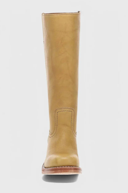 Women's leather mid-calf western-style boots with stacked-block heel