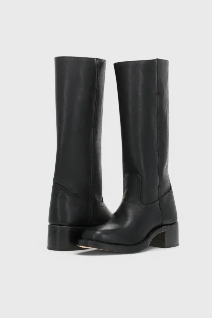 Women's leather mid-calf western-style boots with stacked-block heel – Black