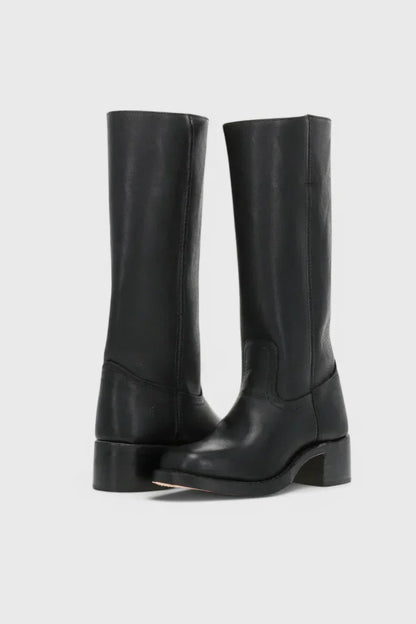 Women's leather mid-calf western-style boots with stacked-block heel – Black