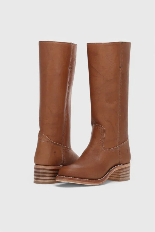 Women's leather mid-calf western-style boots with stacked-block heel – Brown