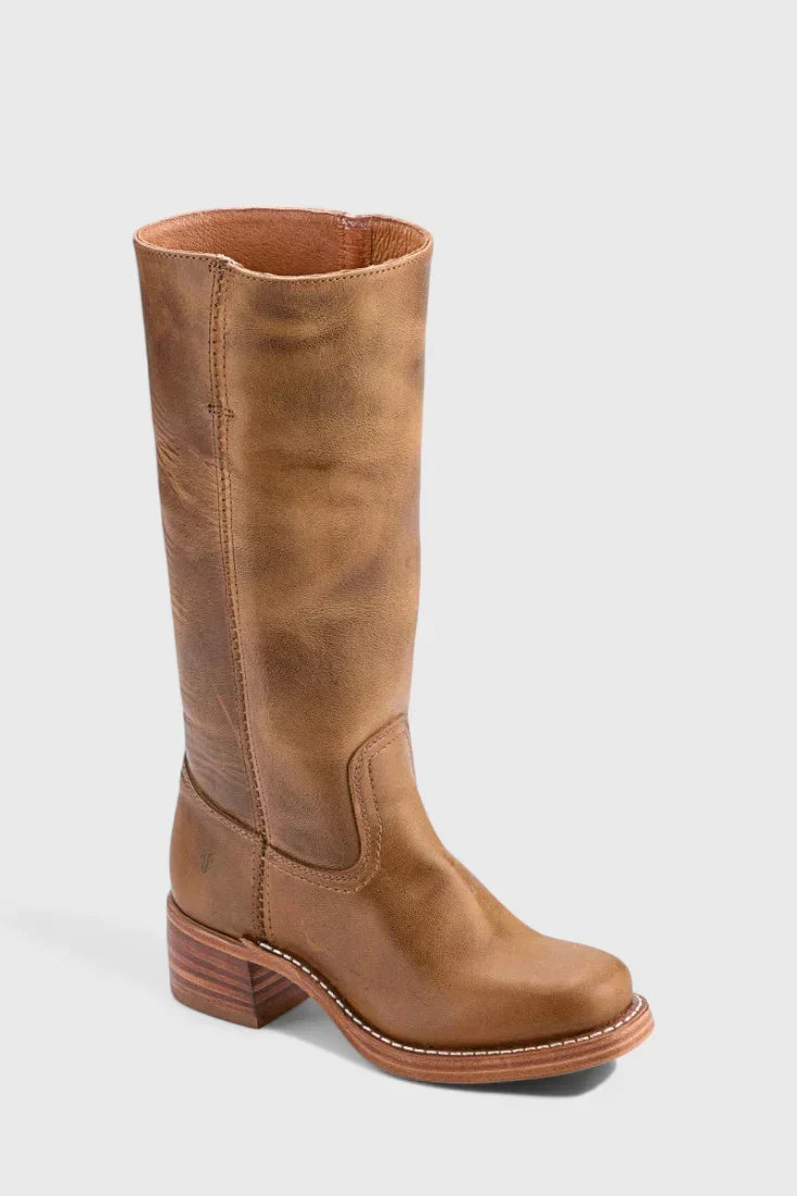 Women's leather mid-calf western-style boots with stacked-block heel