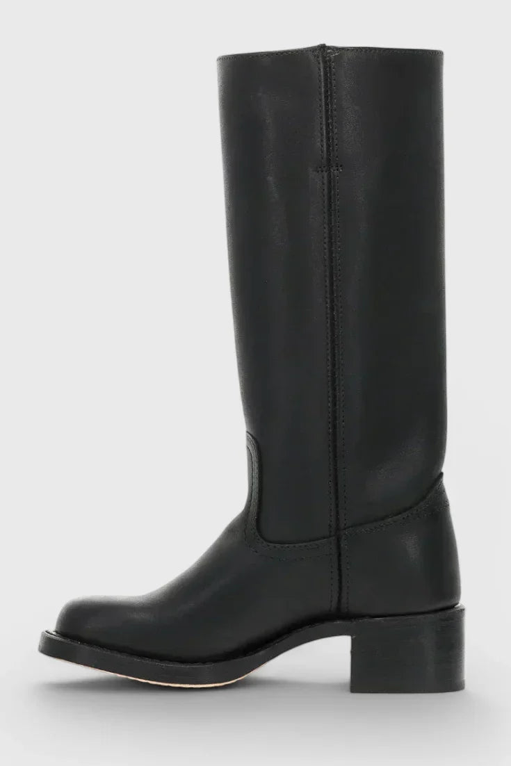 Women's leather mid-calf western-style boots with stacked-block heel
