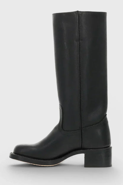 Women's leather mid-calf western-style boots with stacked-block heel