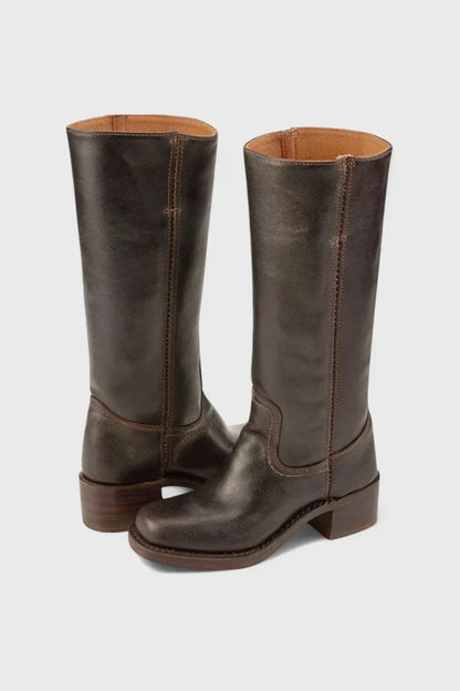 Women's leather mid-calf western-style boots with stacked-block heel – Dark Brown