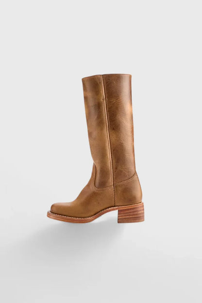 Women's leather mid-calf western-style boots with stacked-block heel