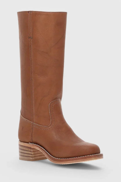 Women's leather mid-calf western-style boots with stacked-block heel