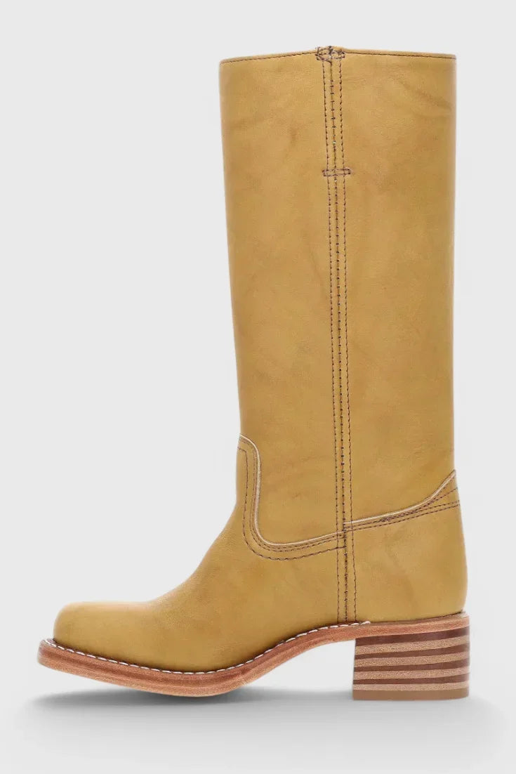Women's leather mid-calf western-style boots with stacked-block heel