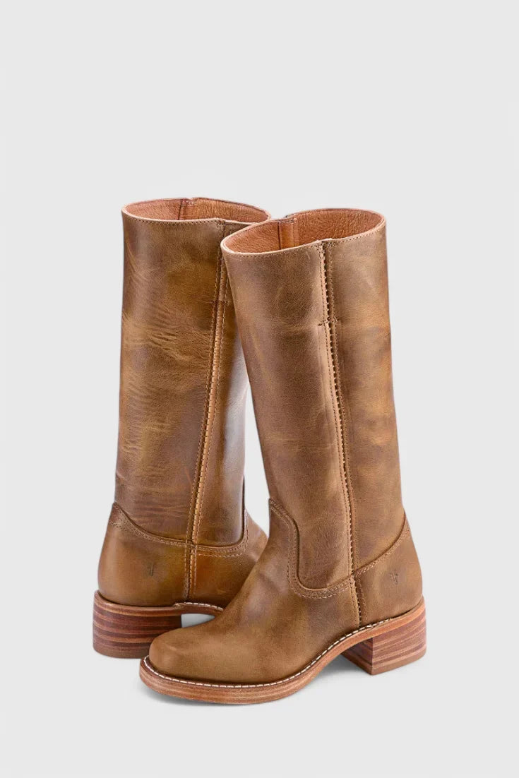Women's leather mid-calf western-style boots with stacked-block heel – Light Brown