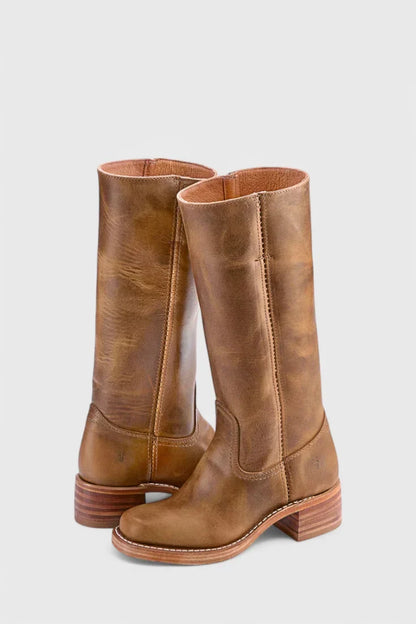 Women's leather mid-calf western-style boots with stacked-block heel – Light Brown