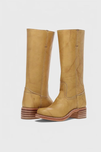 Women's leather mid-calf western-style boots with stacked-block heel – Yellow