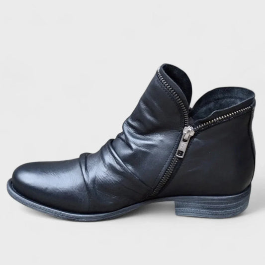 Women's leather comfort ruched ankle boots with side zipper closure – Black