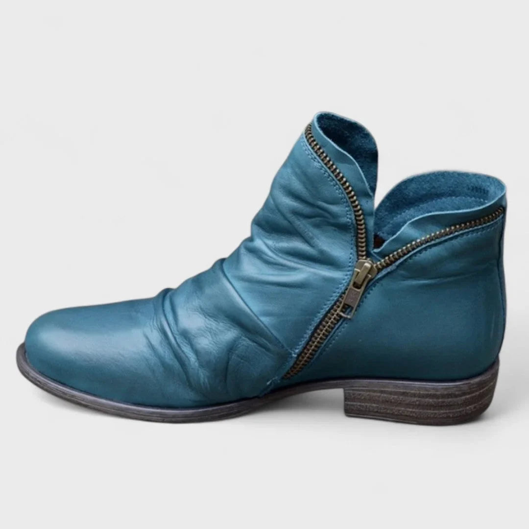 Women's leather comfort ruched ankle boots with side zipper closure – Blue