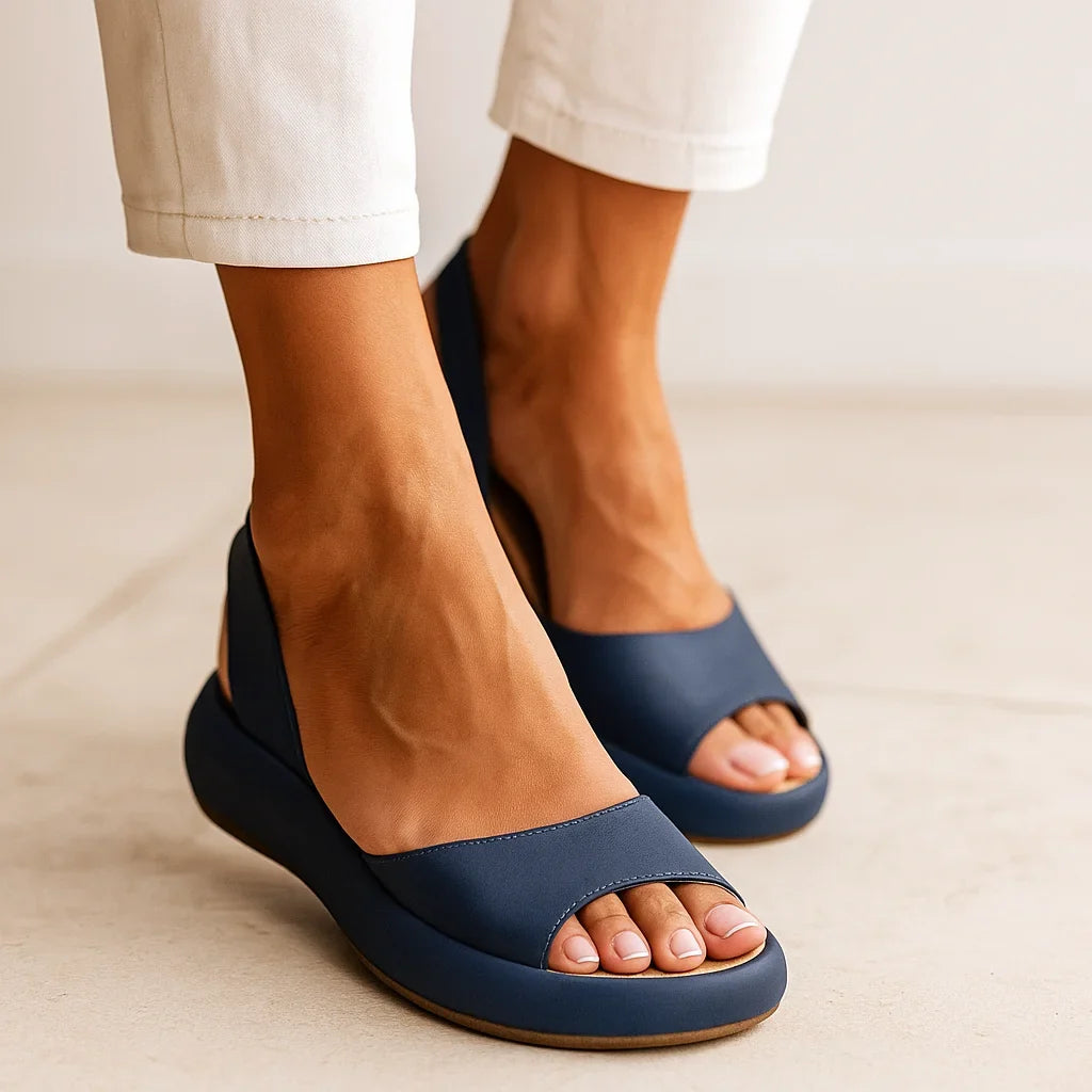 Women's leather platform slingback sandals with open-toe design – Blue