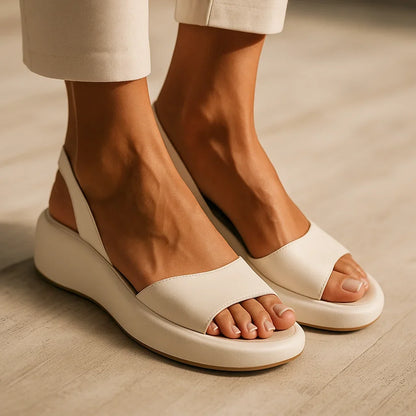 Women's leather platform slingback sandals with open-toe design – White