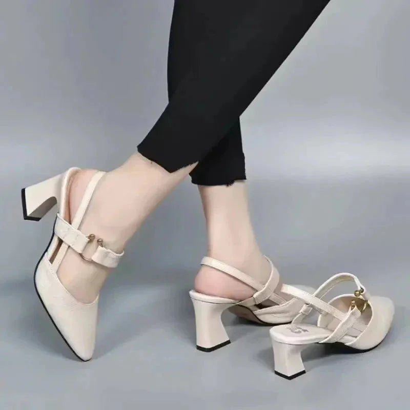 Women's leather pointed-toe block-heel heels with slingback strap and decorative buckle