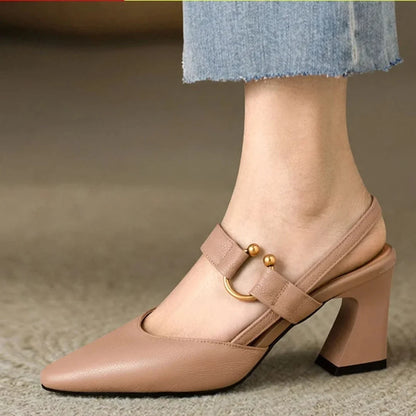 Women's leather pointed-toe block-heel heels with slingback strap and decorative buckle – Apricot