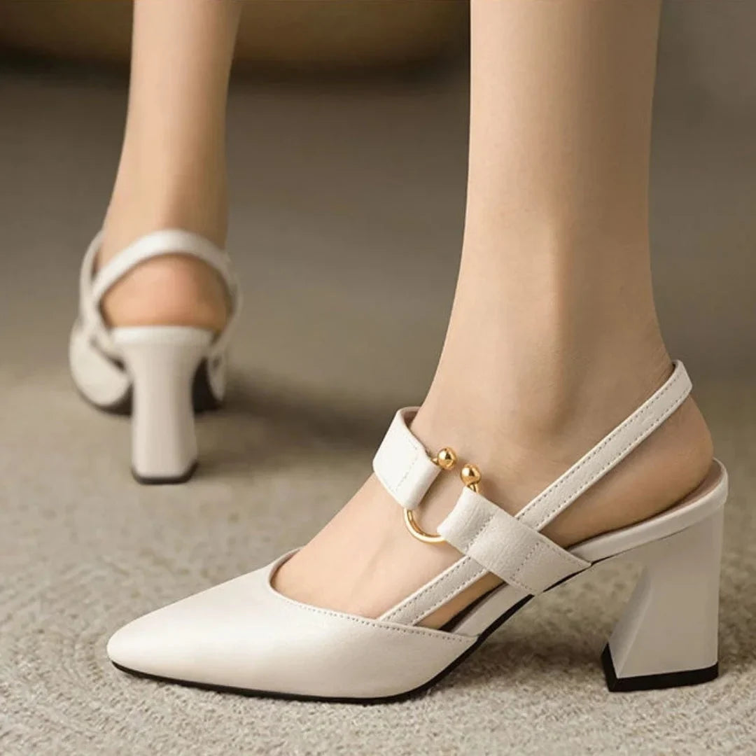 Women's leather pointed-toe block-heel heels with slingback strap and decorative buckle – Beige