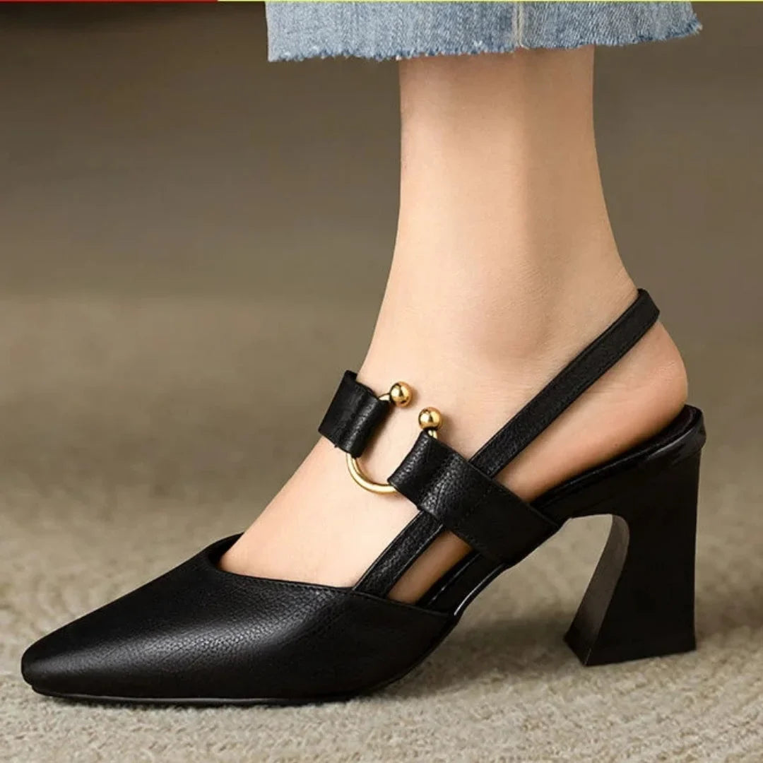 Women's leather pointed-toe block-heel heels with slingback strap and decorative buckle – Black