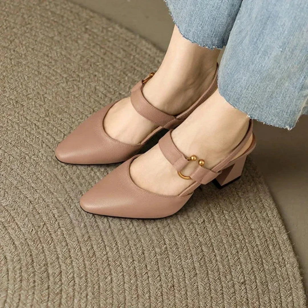 Women's leather pointed-toe block-heel heels with slingback strap and decorative buckle