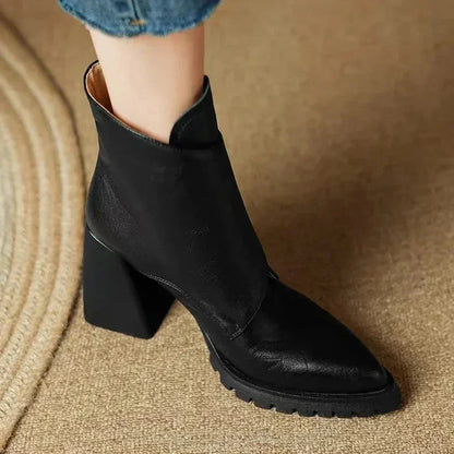 Women's leather pointed-toe chunky lug-sole ankle boots with buckle detail