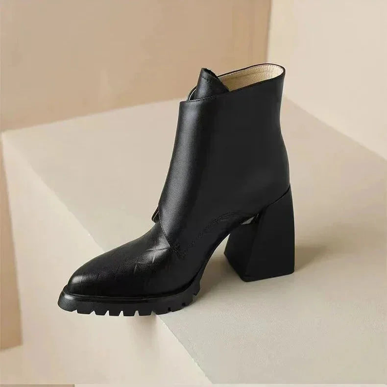 Women's leather pointed-toe chunky lug-sole ankle boots with buckle detail