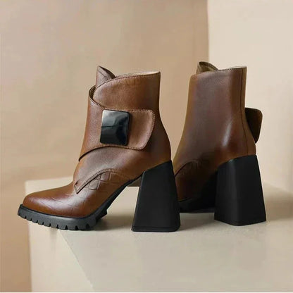 Women's leather pointed-toe chunky lug-sole ankle boots with buckle detail