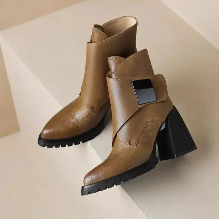 Women's leather pointed-toe chunky lug-sole ankle boots with buckle detail