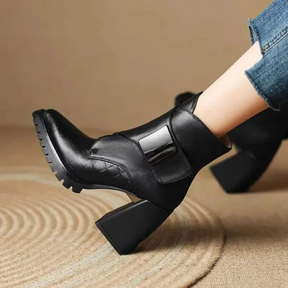 Women's leather pointed-toe chunky lug-sole ankle boots with buckle detail – Black