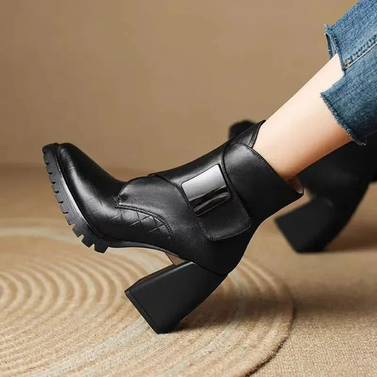 Women's leather pointed-toe chunky lug-sole ankle boots with buckle detail – Black