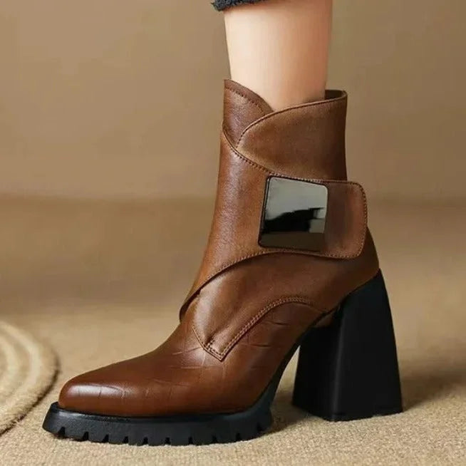 Women's leather pointed-toe chunky lug-sole ankle boots with buckle detail – Brown