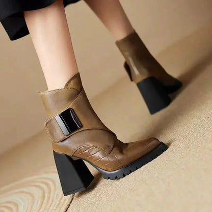 Women's leather pointed-toe chunky lug-sole ankle boots with buckle detail