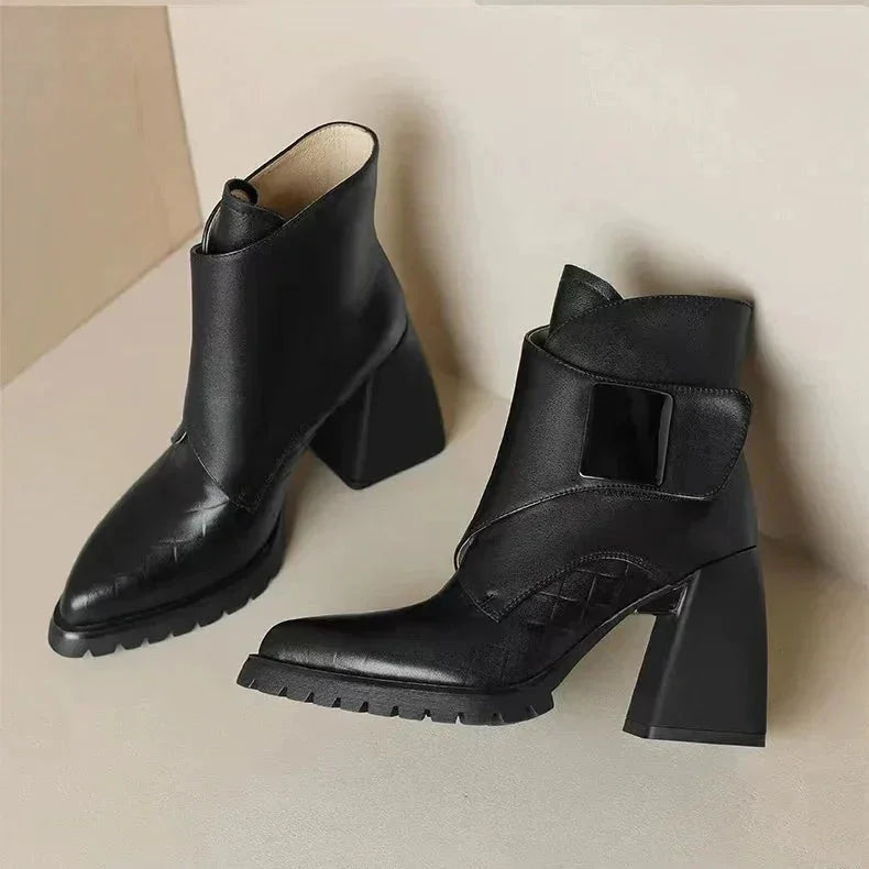 Women's leather pointed-toe chunky lug-sole ankle boots with buckle detail