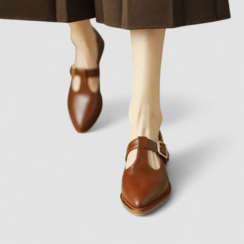 Women's leather pointed-toe T-strap shoes with block-heel buckle closure